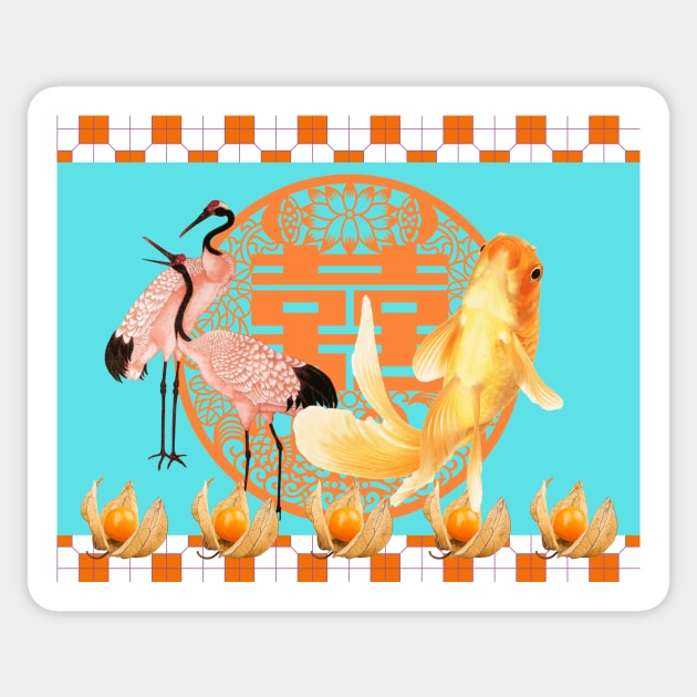 Goldfish & Cranes- Hong Kong Pop Art Bright Orange and Turquoise Sticker by CRAFTY BITCH